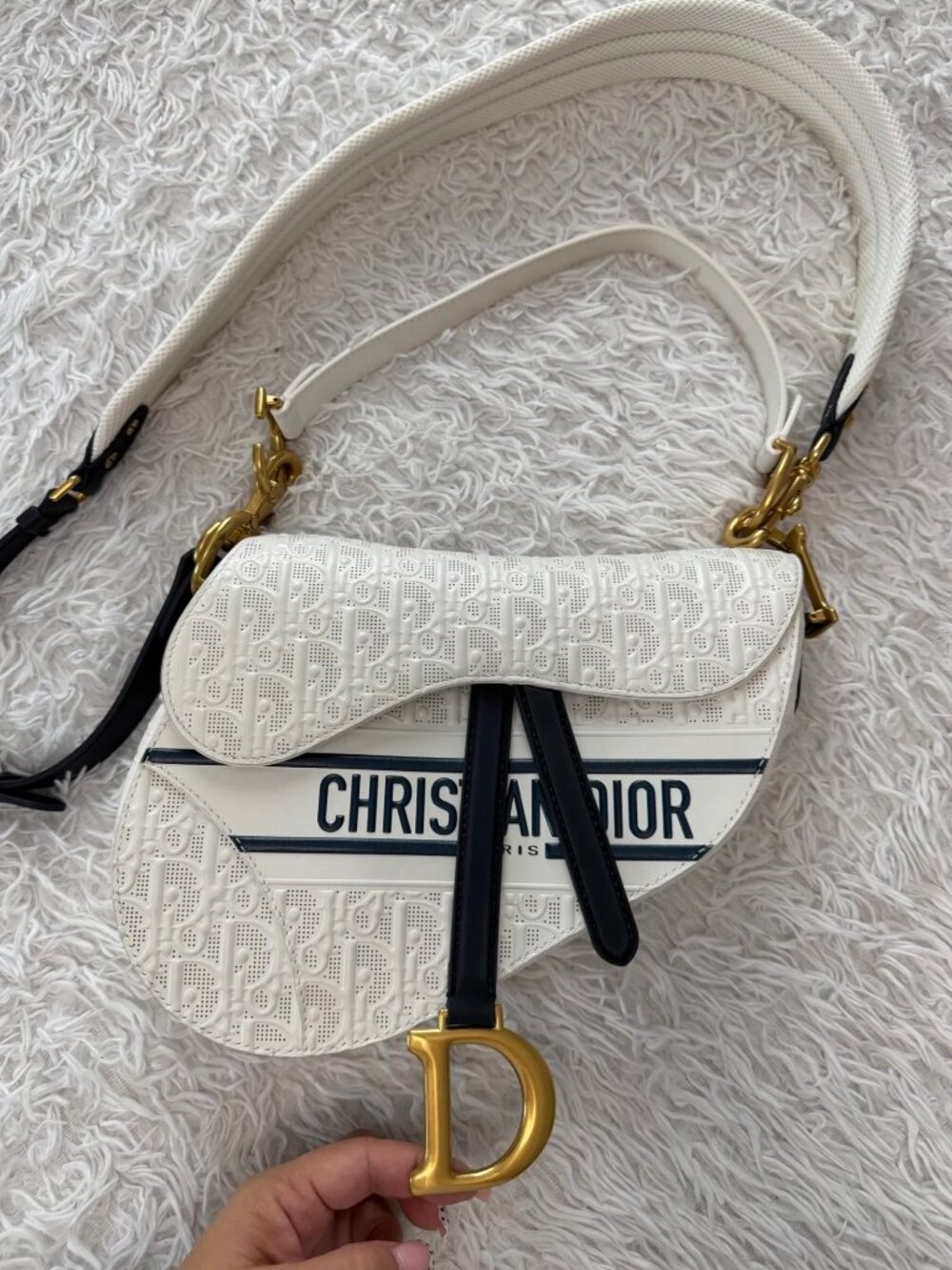 DIOR – White Navy Perforated Calfskin Embossed Oblique Medium Saddle